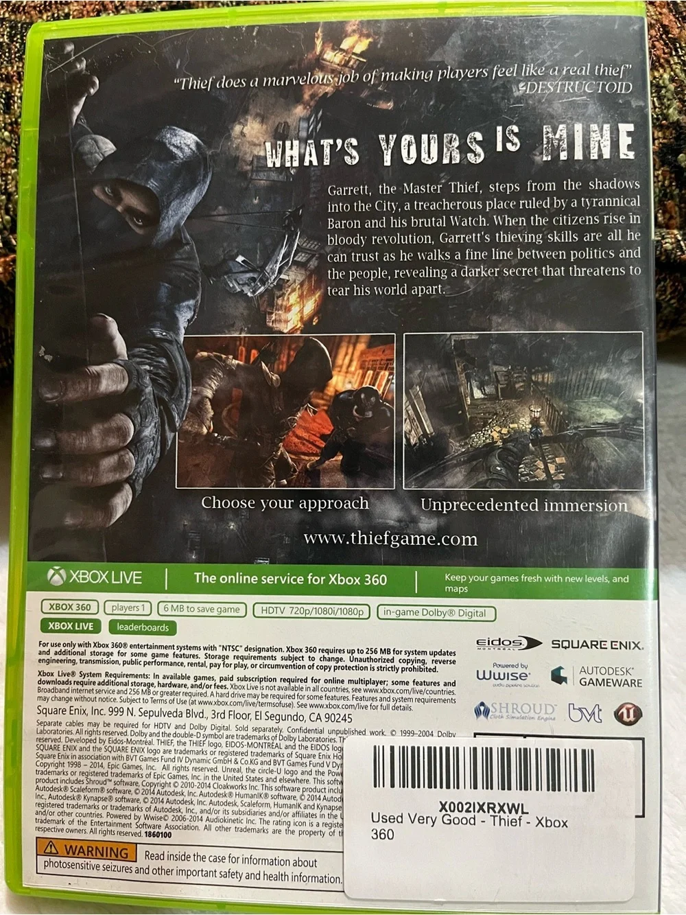 Xbox 360 Thief Video Game - Green Case